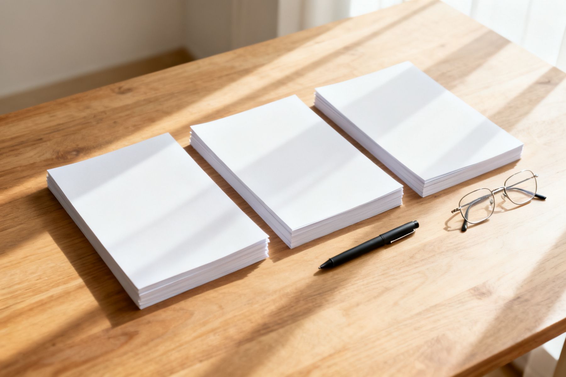 Drei Stapel leerer Papierbögen nebeneinander auf einem hellen Tisch