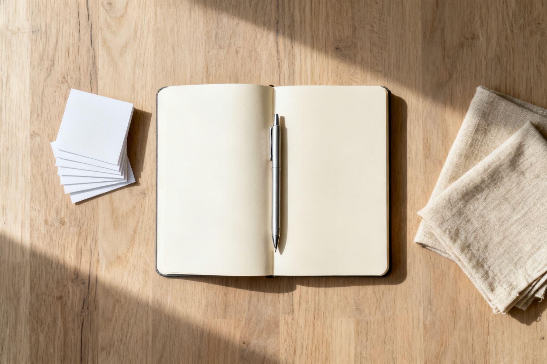 Leeres Notizbuch, Stift und zwei Leinenmuster auf einem hellen Tisch