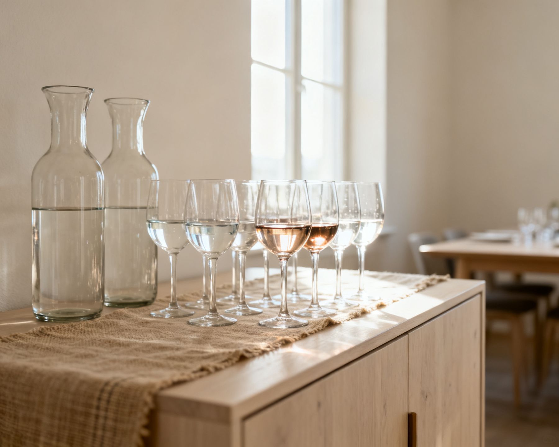 Wein- und Wassergläser und zwei Glaskaraffen auf einer Anrichte im Gegenlicht