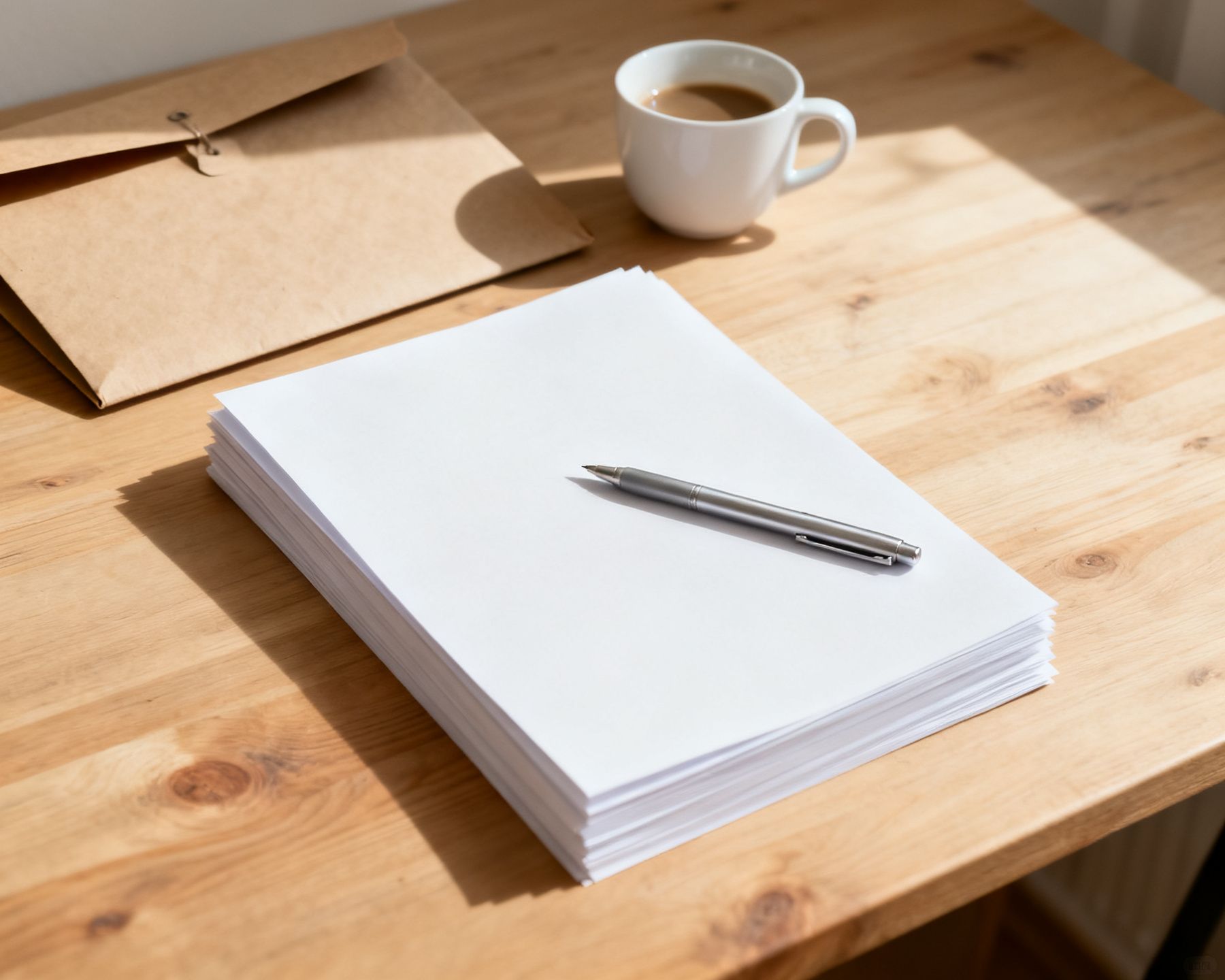 Papierstapel, Stift und eine geöffnete Papiermappe auf einem hellen Schreibtisch
