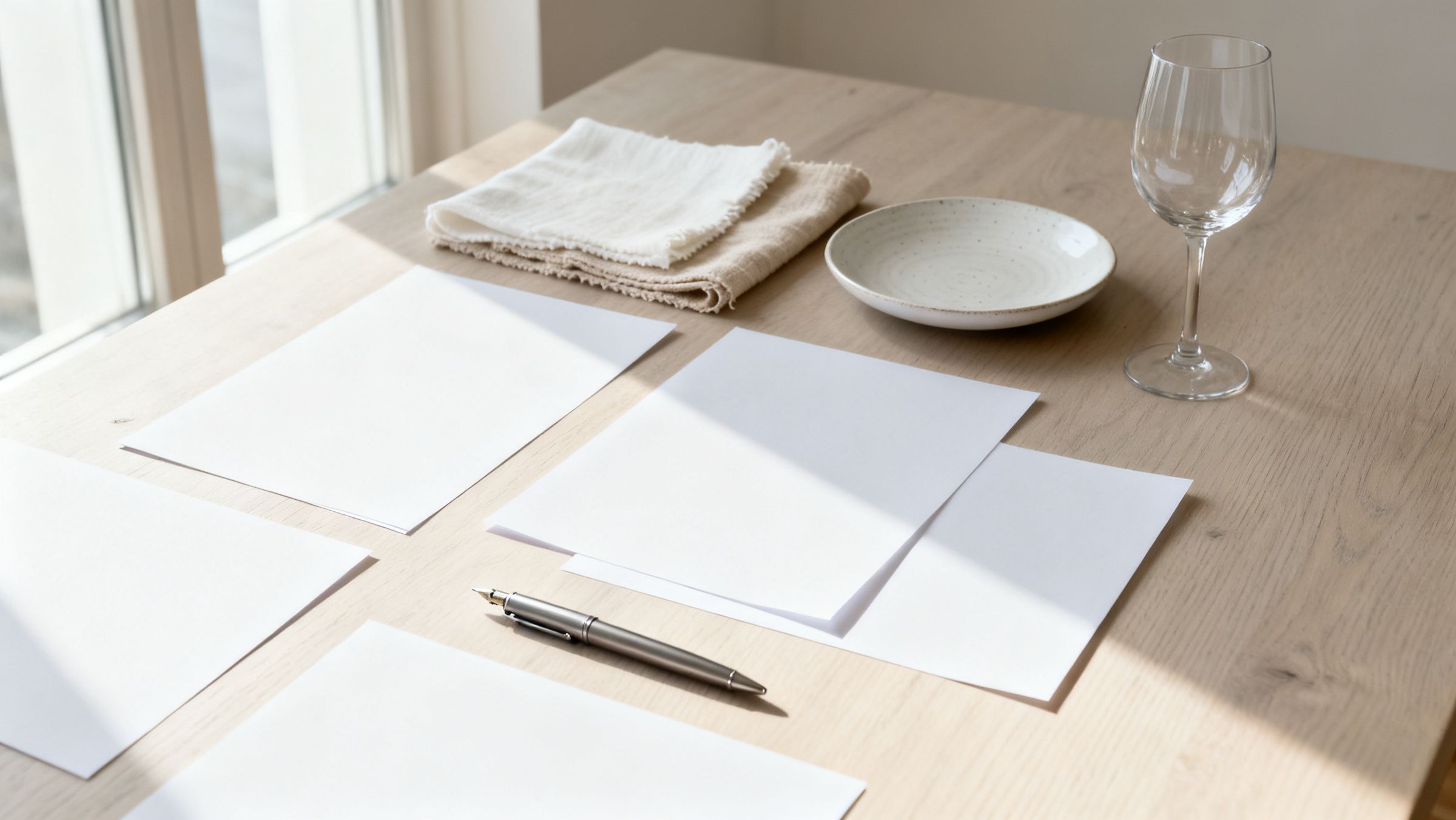 Papierbögen, Stift, Leinenmuster, ein weißer Teller und ein Weinglas auf einem Arbeitstisch